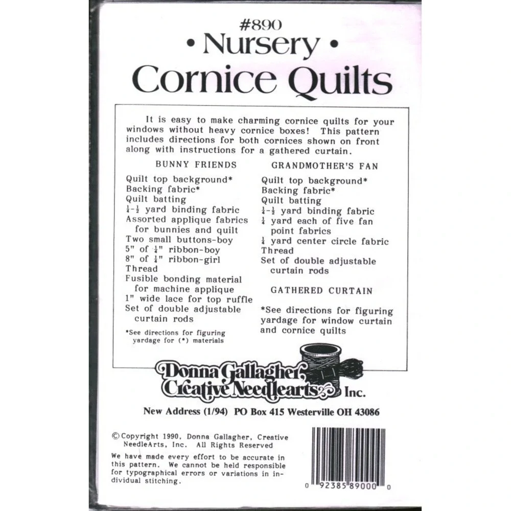 Donna Gallagher Nursery Cornice Quilts Sewing Pattern‎ 890 Vintage 1990 Valance